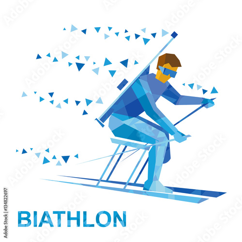 Winter sports - biathlon for athletes with a disability. Disabled skier with a rifle behind his back. Flat style vector clip art isolated on white background