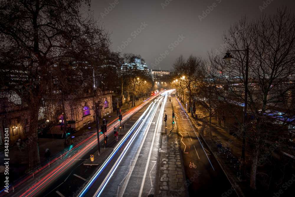 Light car streaks as seen from the top of Golden Jubilee bridge at embankment station