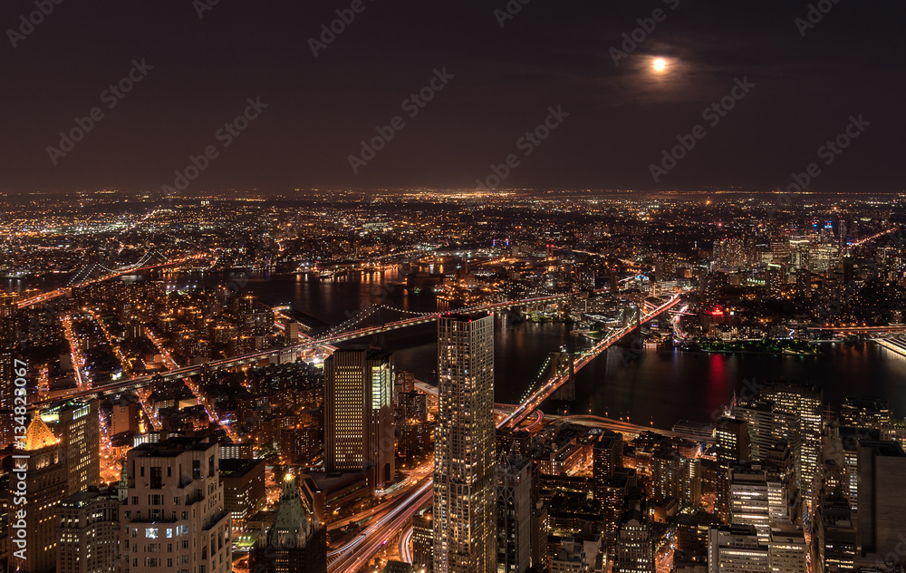 Skyline of Manhattan and Brooklyn. You can see Manhattan Bridge, Brooklyn Bridge and Williamsburg Bridge at once, New York, USA.