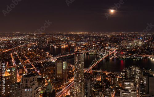 Skyline of Manhattan and Brooklyn. You can see Manhattan Bridge  Brooklyn Bridge and Williamsburg Bridge at once  New York  USA.