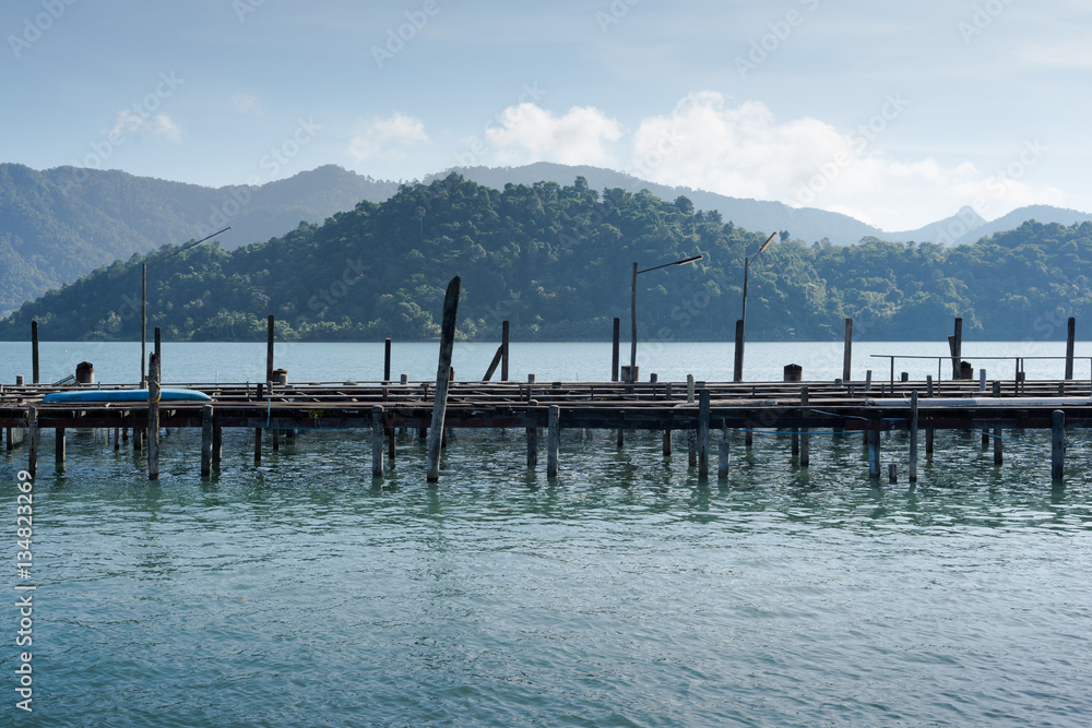 Wooden jetty in the sea with mountain and forest background