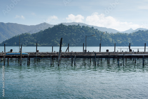 Wooden jetty in the sea with mountain and forest background