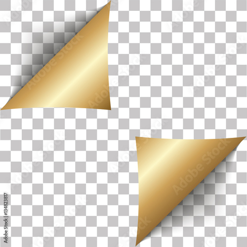 Gold gradient paper curl with shadow isolated on transparent background. Vector sticker gold paper note for memo and notic