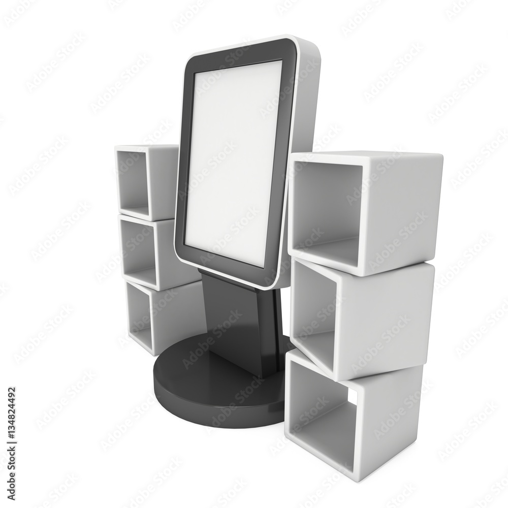 LCD Display Stand and product display boxes. Blank Trade Show Booth. 3d render isolated on white background. High Resolution image. Ad template for your expo design. LCD Display Stand and product display boxes. Blank Trade Show Booth. 3d render isolated on white background. High Resolution image. Ad template for your expo design.