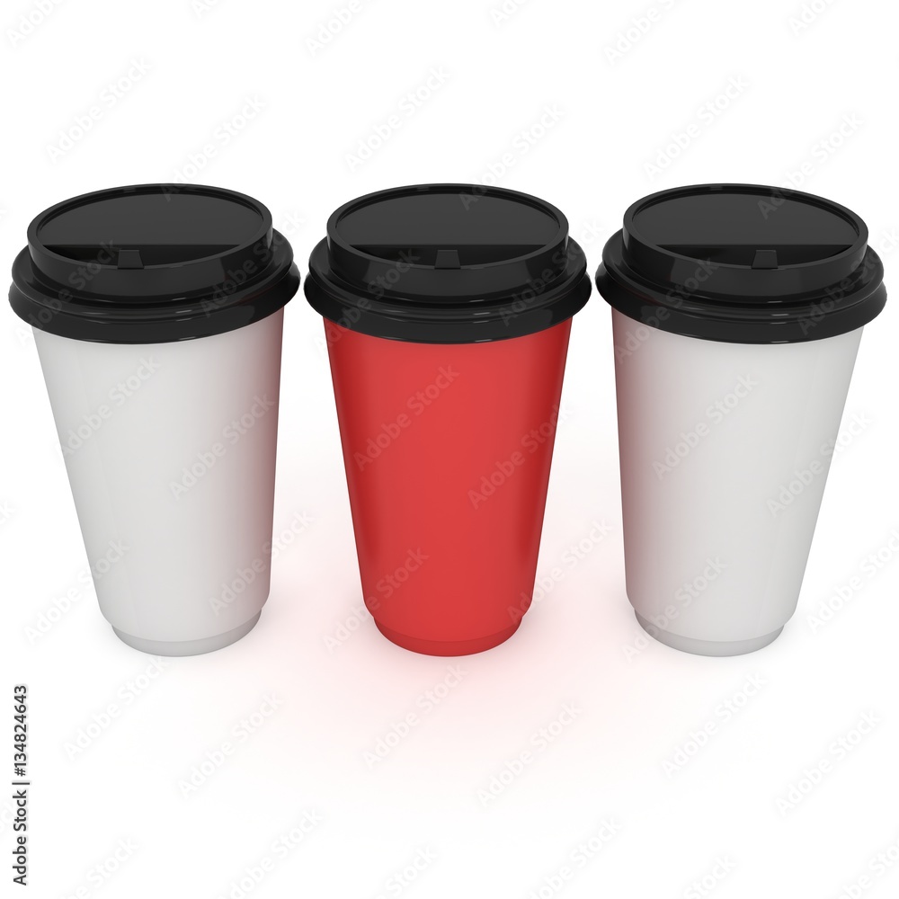 Disposable coffee cups. Blank paper mug. 3d render isolated on white background Disposable coffee cups. Blank paper mug. 3d render isolated on white background