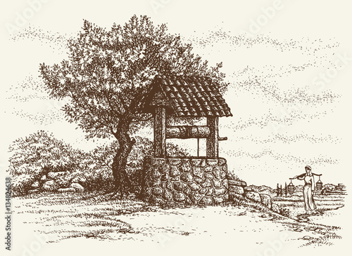 Vector image. Flowering tree near the well