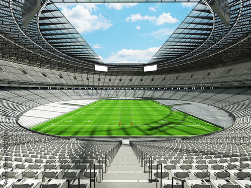 3D render of a round rugby stadium with  white seats and VIP boxes