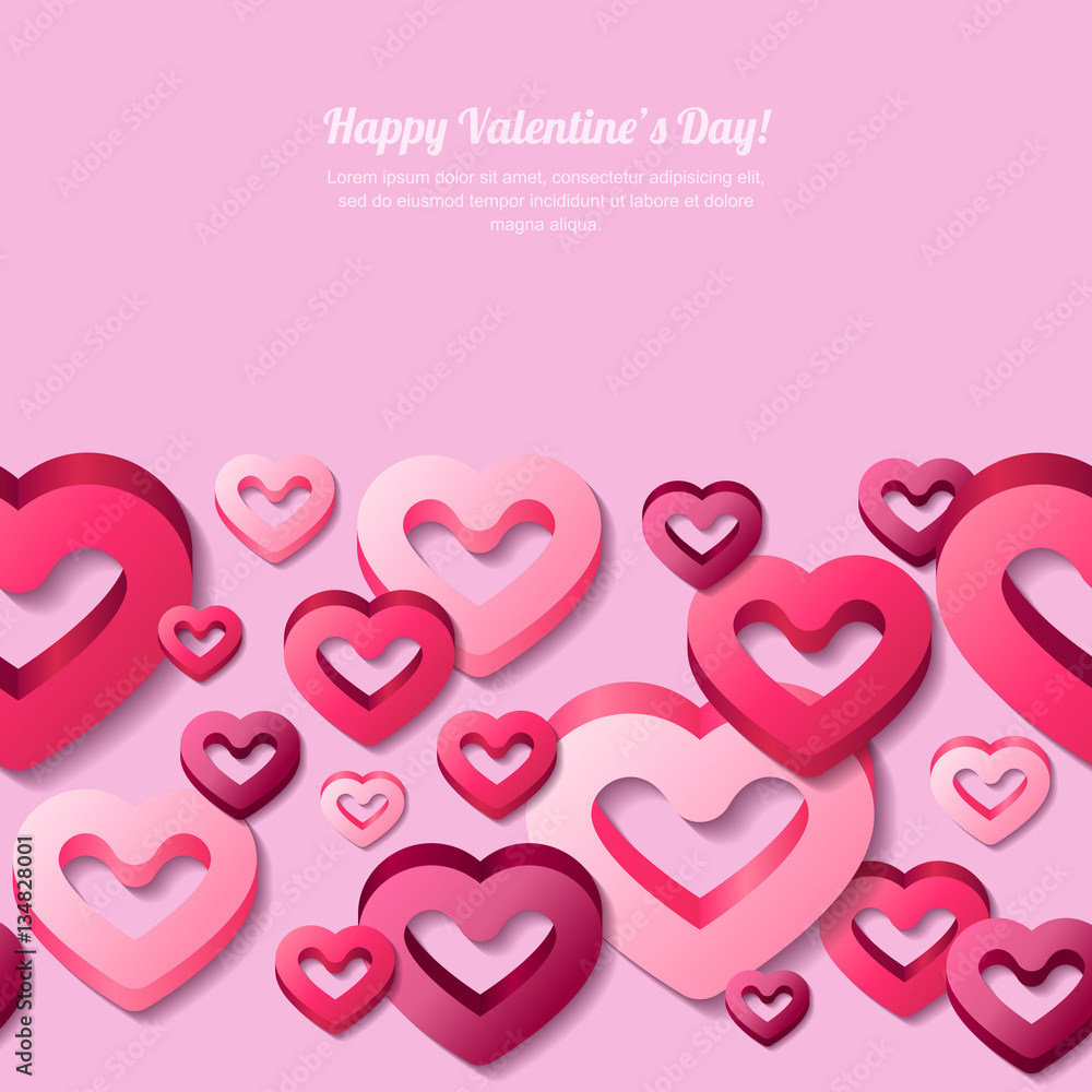 Valentines day vector horizontal seamless background with 3d stylized pink hearts. Concept for Valentines banner, poster, flyer, party invitation.