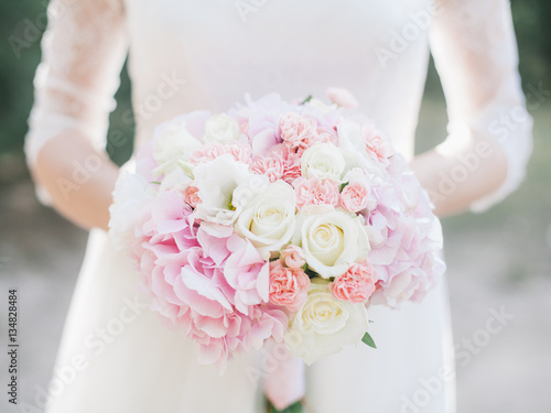 wedding bouquet with white roses and hydrangea