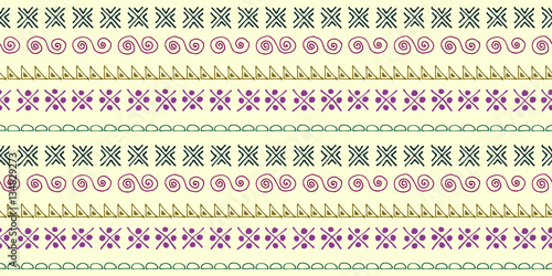 Seamless vector pattern. Ethnic geometrical background with hand drawn little decorative elements. Ethno design. Graphic tribal illustration. Template for wrapping, background, wallpaper, cover