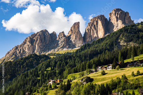 Sunset in the Dolomites from Campitello di Fassa, dominated by the Sassolungo group. Tentino - Italy
