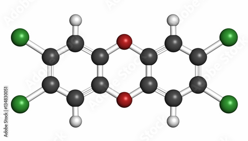 TCDD polychlorinated dibenzodioxin pollutant molecule, 3D render