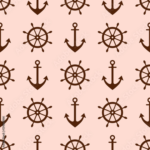 Vector seamless pattern with anchor, steering wheel. Symmetrical background, nautical theme. Graphic illustration. Template for wrapping, backgrounds, fabric, prints, decor, surface