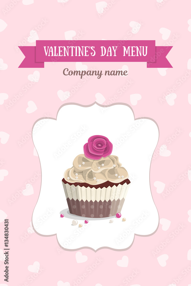Design element for Valentines Day, wedding or birthday, vintage vertical menu cake in curly frame on background with heart for restaurant. Chocolate cake with rose in wrapper, vector illustration Design element for Valentines Day, wedding or birthday, vintage vertical menu cake in curly frame on background with heart for restaurant. Chocolate cake with rose in wrapper, vector illustration