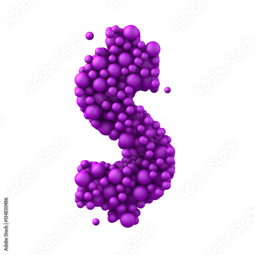 Symbol $ made of plastic beads, purple bubbles, 3d render