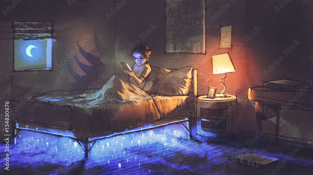 Fototapeta premium boy reading tablet in bedroom and something under the bed,illustration painting