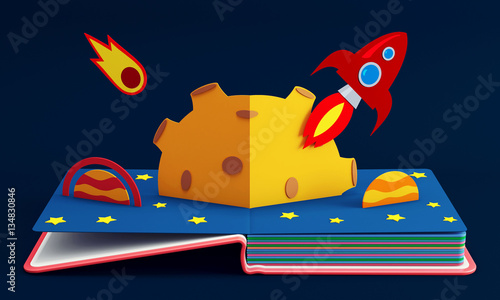 Pop Up Book With Rocket In Space. 3D Rendering