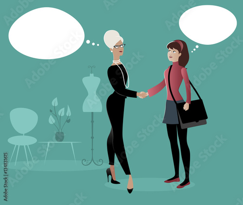 Businesswoman and intern girl shaking hands. Fashion business. Cartoon characters. Retro style
