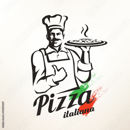 italian chef holding pizza, stylized vector silhouette
