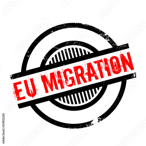 Eu Migration rubber stamp. Grunge design with dust scratches. Effects can be easily removed for a clean, crisp look. Color is easily changed.
