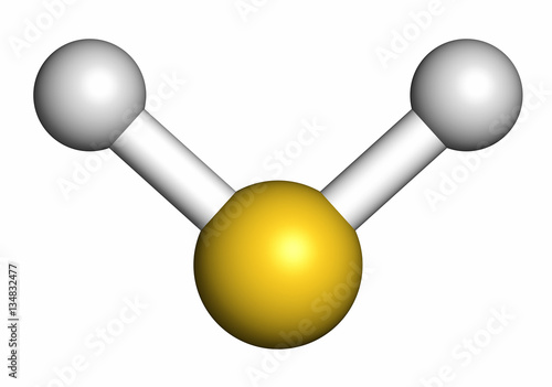 Hydrogen sulfide (H2S) molecule, 3D rendering. 
