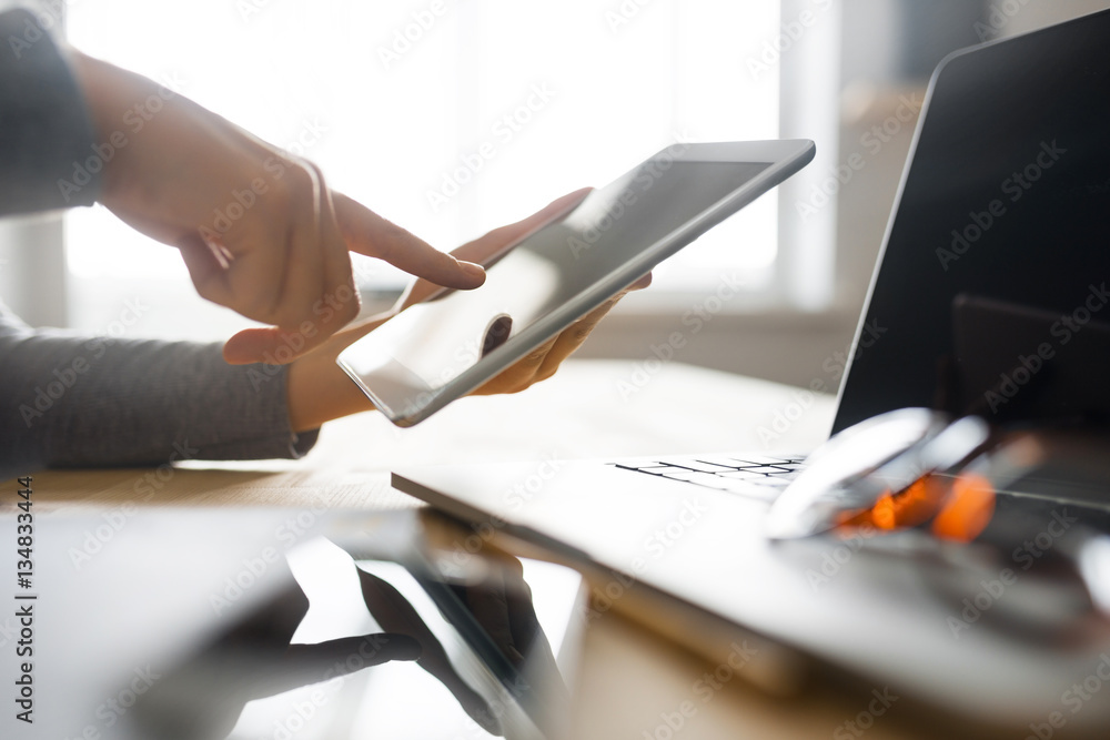 Obraz premium Technology workspace set up with gadgets