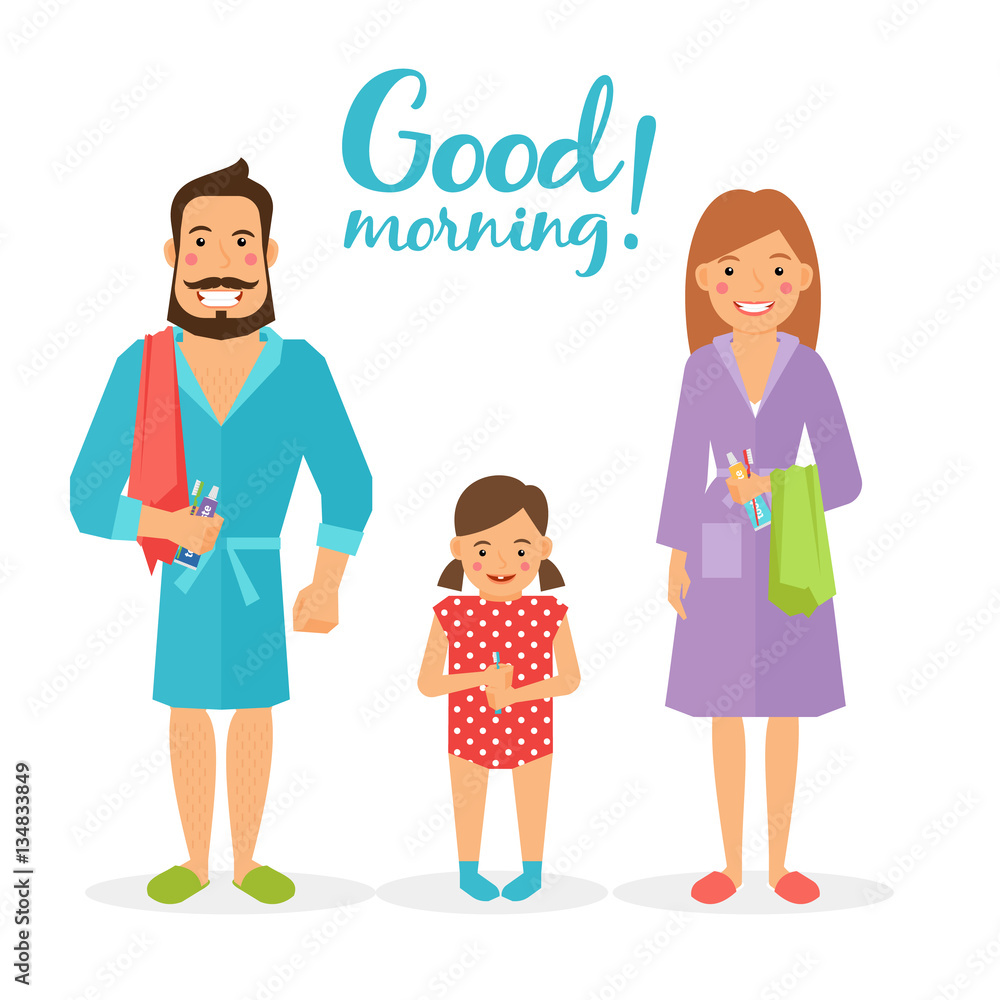 Obraz premium Image on theme of hygiene -parents and child after morning procedures