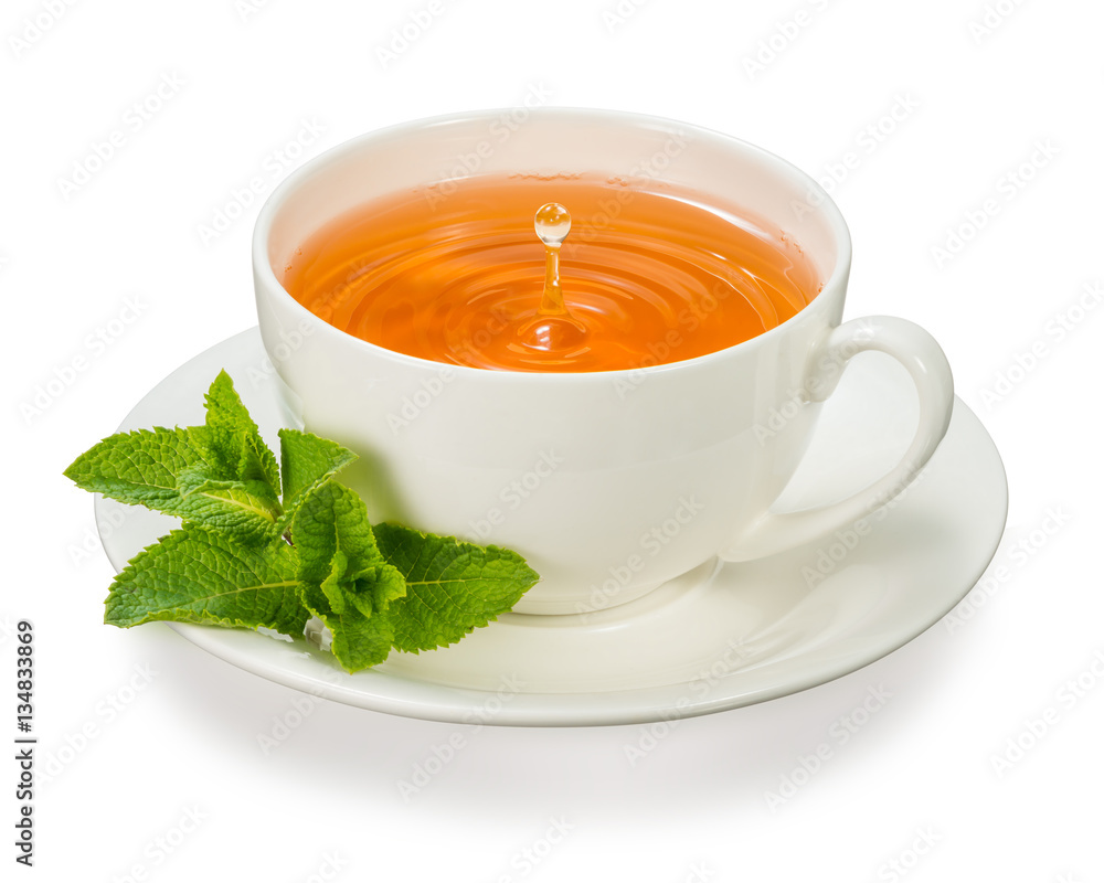 cup of tea with mint leaves - obrazy, fototapety, plakaty 