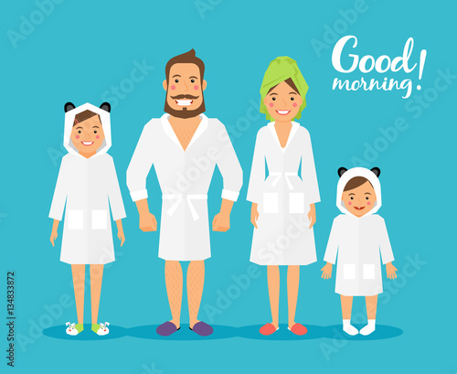 Image on theme of hygiene -parents and children after the bathroom
