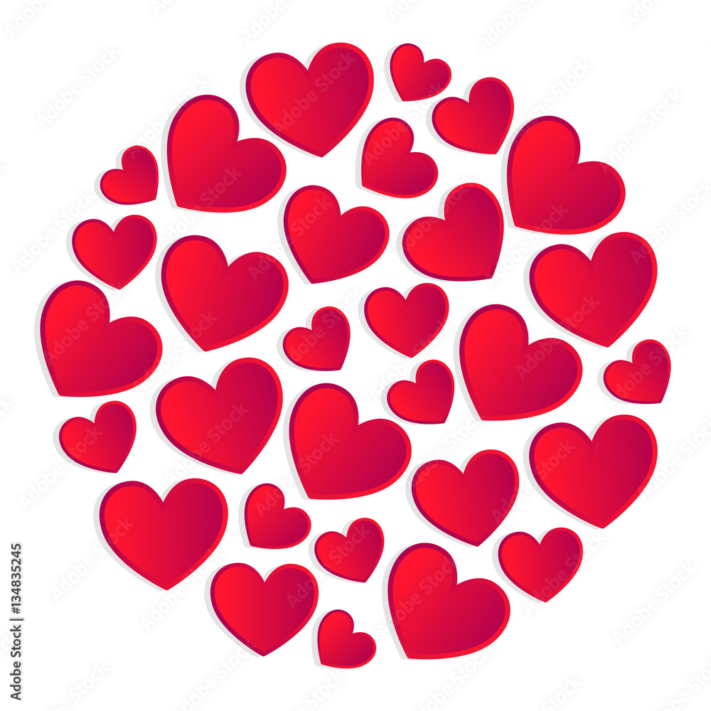 Round composition made of red hearts on white background