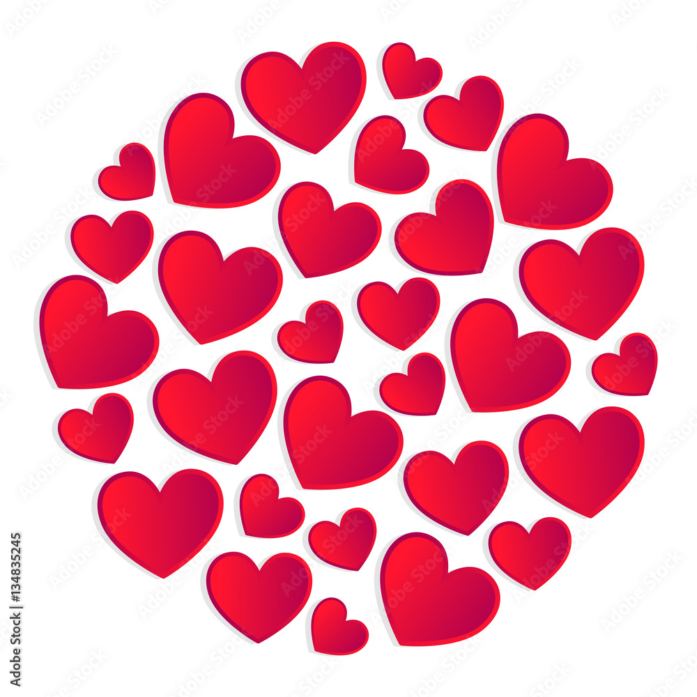 Round composition made of red hearts on white background Round composition made of red hearts on white background