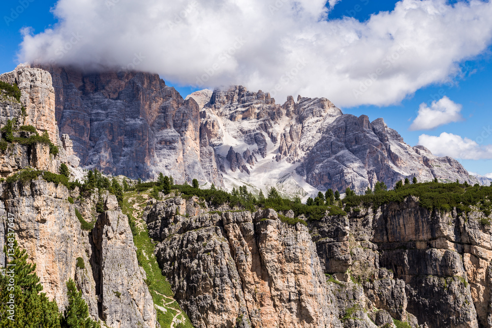 View of Tofane, a mountain group in the Dolomites of northern Italy, west of Cortina d'Ampezzo in the province of Belluno, Veneto.