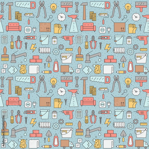 Home repair and construction outline vector seamless pattern.