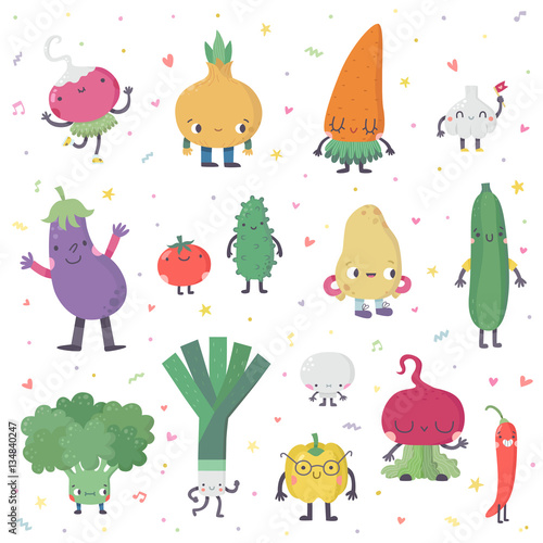 Cute cartoon live vegetables vector set in nice colors.