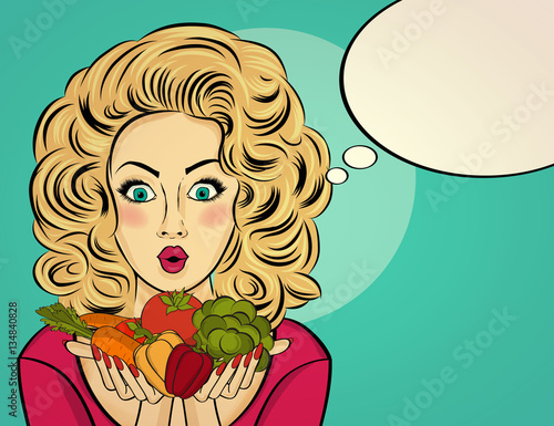Surprised pop art  woman that holds vegetables  in her hands . C