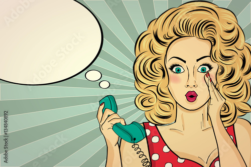 Surprised pop art woman with retro phone, who tells her secrets.