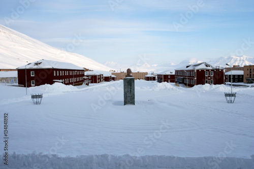 The most popular view to Pyramiden, the Soviet abandoned town on Svalbard archipelago. 