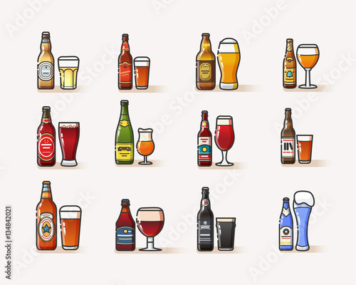 Beer bottles and glasses