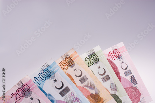 Turksh Lira banknotes of various color, pattern and value photo