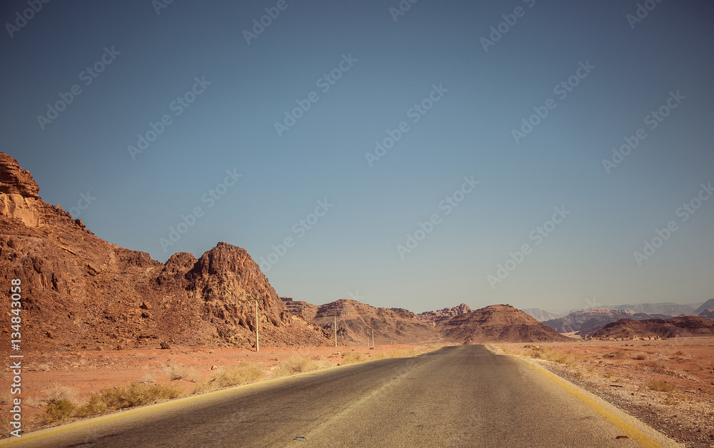 road in desert of Wadi Rum, Petra, Jordan.