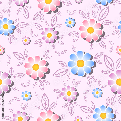 Seamless vector pattern with colorful flowers and leaves on a gentle pink background. Floral print fabric.