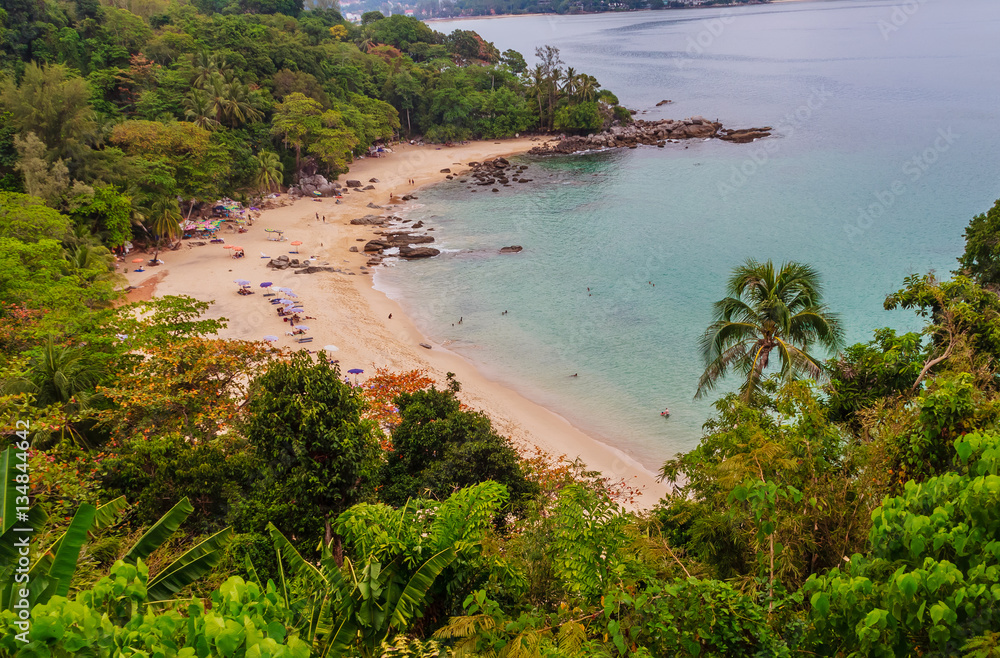 Obraz premium Beautiful seascape view of small and private beach among Kamala beach and Kalim Beach at Kathu District, Phuket, Thailand