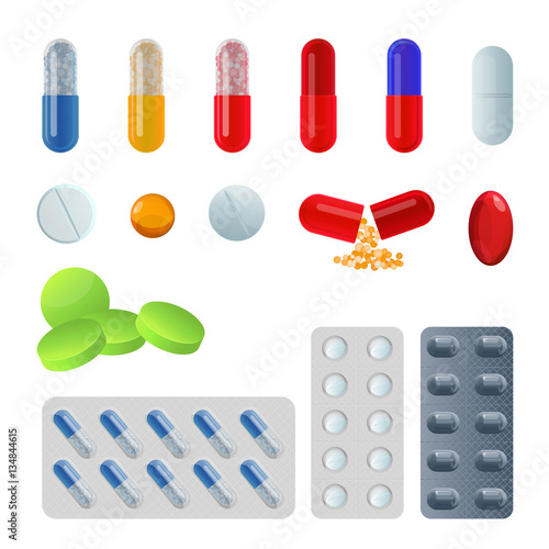 Set of vector pill capsules. Tablets in blisters painkillers antibiotics