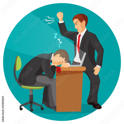 Angry businessman screaming at his worker. Man fall asleep