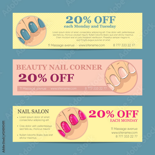 Set of horizontal banner, flyer, business card or discount coupon templates. Manicure, nail care and design concept. With illustration of beautiful groomed female nails. Vector with organized layers.