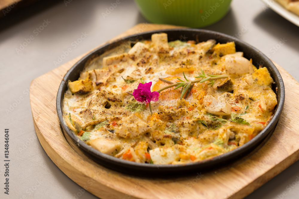 Hot plate Omelette eggs with salted fish and mushroom. Hot plate Omelette eggs with salted fish and mushroom.