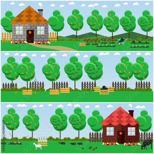 Vector set of countryside concept backgrounds with fruit, vegetable garden