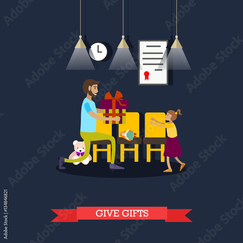 Vector illustration of volunteer giving gift to little girl