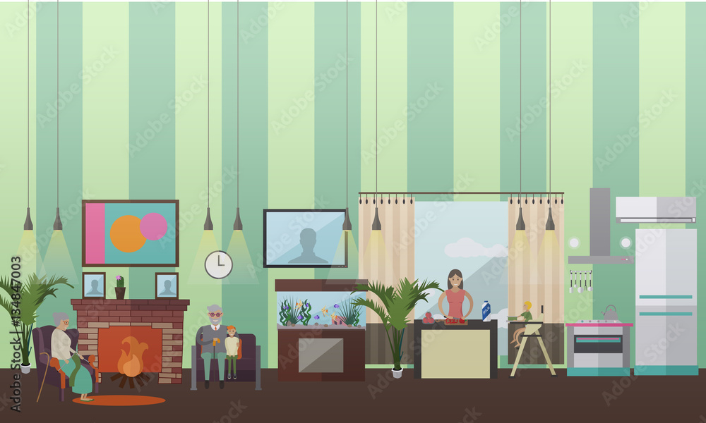Vector illustration of grandparents, mother and children in flat style Vector illustration of grandparents, mother and children in flat style