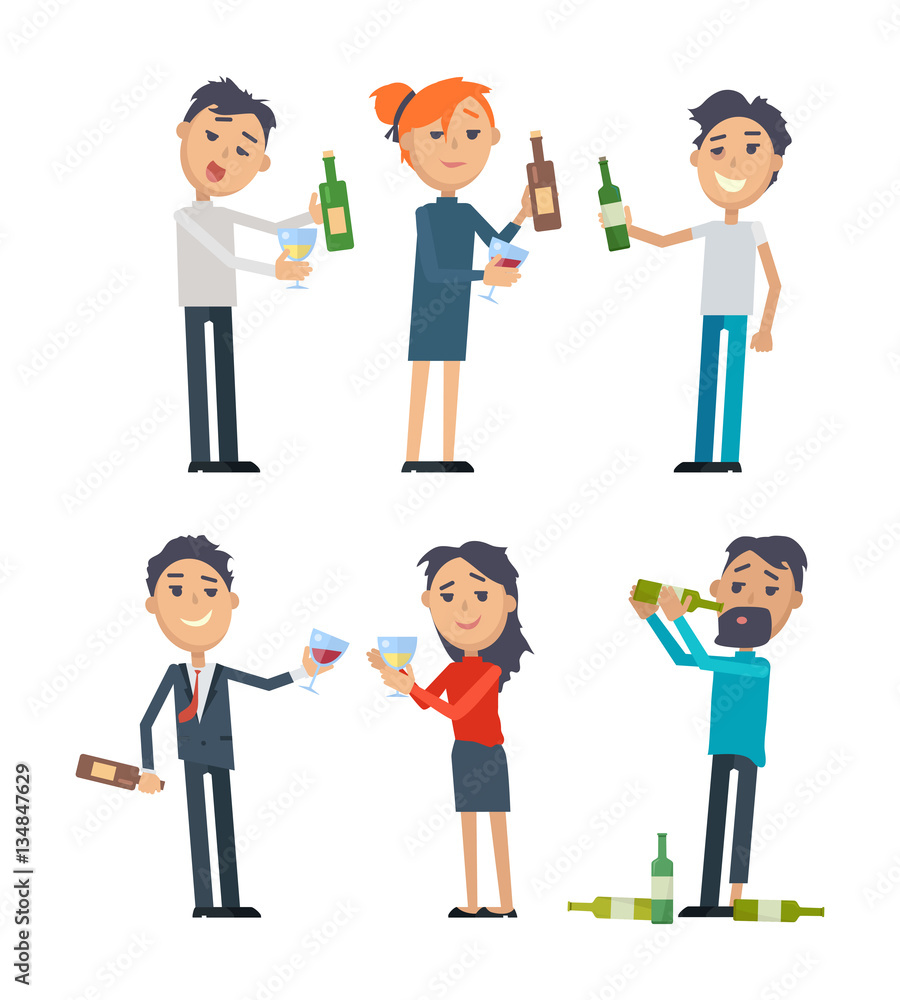 Drunk People with Alcohol Flat Vectors Set Drunk People with Alcohol Flat Vectors Set